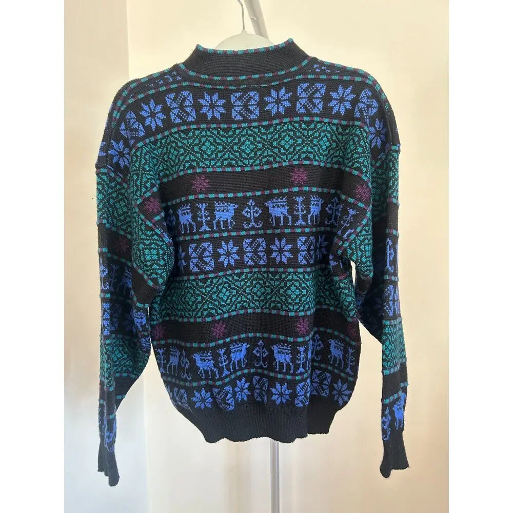 VTG Womens DEMETRE Wool Blend Ski Sweater Knit Pullover 1/4 Zip Large L Deer - Picture 3 of 5